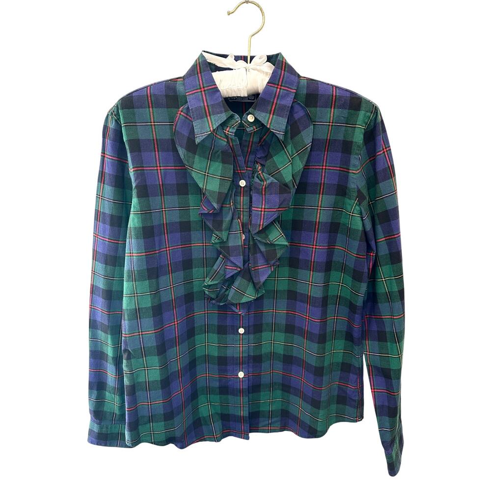 AMERICAN LIVING | Green Plaid Ruffle Front Button Down Blouse Top NWT | Small